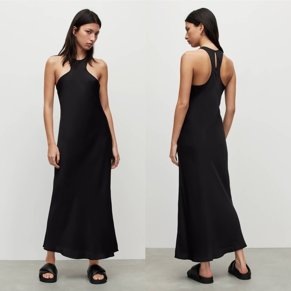 AllSaints Betina Slip Dress Sleeveless Racer Neck Maxi Black NWT Size 12